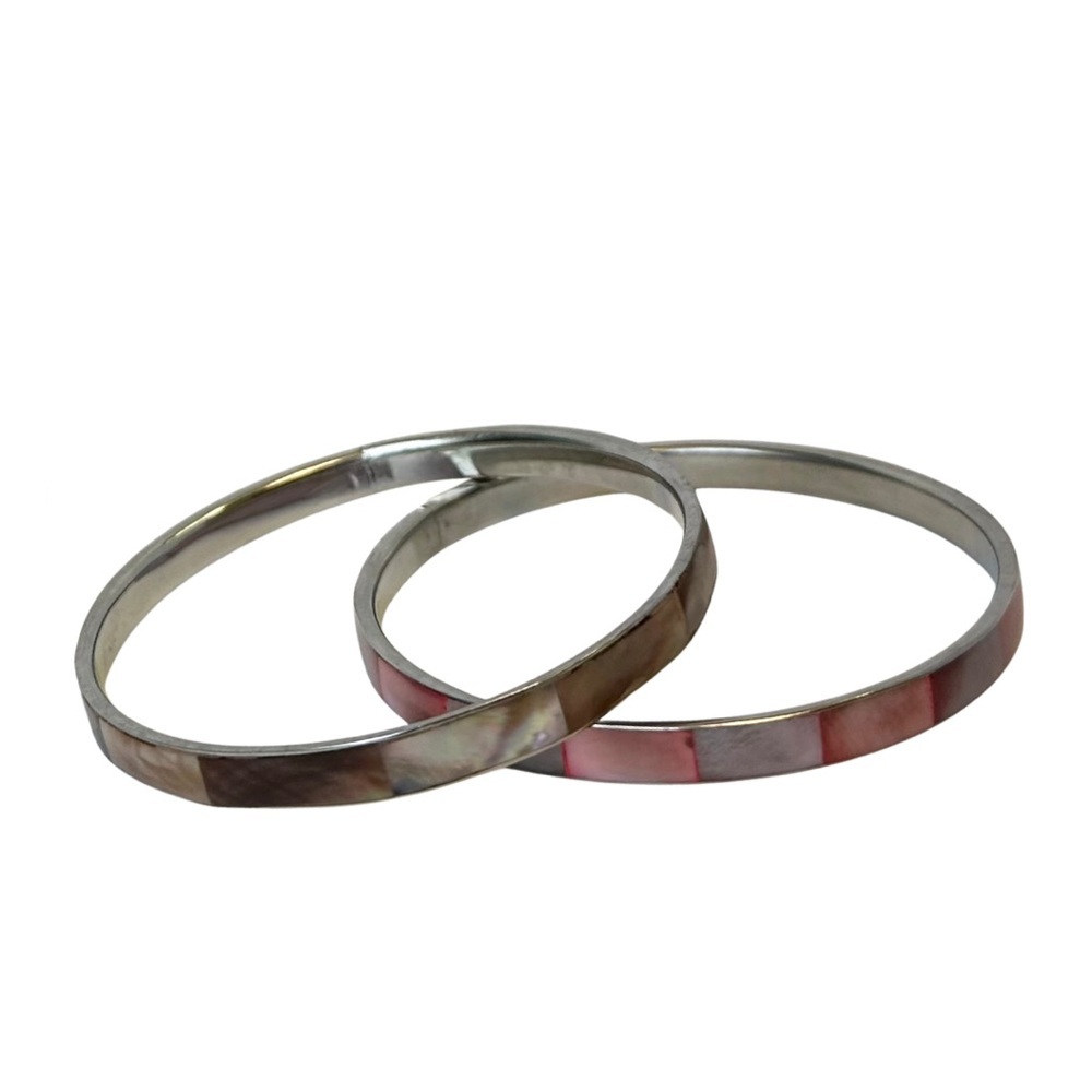 Vintage Pink/Tan Mother of Pearl Inlaid Bangle Set